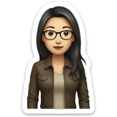 asian girl with glasses and a leather jacket with a  khaki shirt and long dark hair sticker