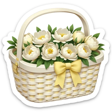 White Picnic basket with pastel yellow bow and white peonies inside sticker