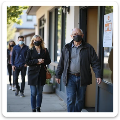 photo-realistic documentary style, elderly couple and young adults in line at a suburban clinic for vaccination, some masked, clear vaccination poster, soft natural light, 4K resolution sticker