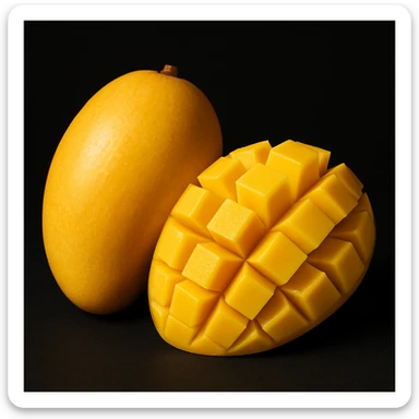 A ripe yellow mango, one half whole and one half sliced into cubes in a hedgehog pattern, realistic lighting, isolated on a black background, high detail, studio photo style, photo-realistic sticker
