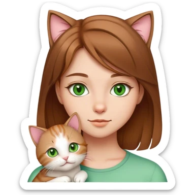 cute girl medium light brown hair green eyes and a cute kitty sticker