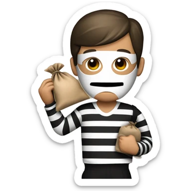 Bank robber wearing black and white striped shirt black eye face mask and holding a brown sack over the shoulder that has the dollar symbol sticker