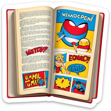 Create a vibrant emoji representing comic books and graphic novels as an art form. The design should feature a large, open comic book with vintage comic panels on the pages. Include a pencil (without a hand) gently writing text or sketching on the pages. The comic panels should have bold lines and retro-style artwork with classic comic book visuals. Use bright, energetic colors like red, yellow, and blue to evoke excitement and creativity. The overall design should feel dynamic, vintage, and artistic. Make the background transparent. sticker