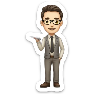 Pale skinned fit man with dark brown hair in gray jacket, beige office shirt, brown tie, brown pants and vintage glasses Writing text on a marker board sticker