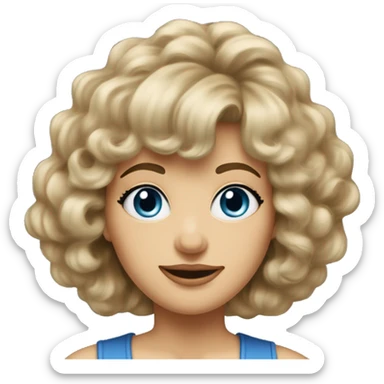 Medium length Dirty blonde big poofy hair with bangs all across forehead and sides swept away from face woman of 60 with blue eyes  sticker