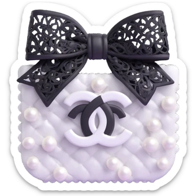 Change the bow to a lace bow, keep pearls and white Chanel logo, elegant, glossy, black and white, 3D emoji style. sticker