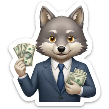 wolf in business suit holding money and stock charts sticker
