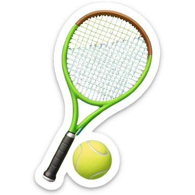 A tennis racket and ball positioned on a grass court, with the net and lines clearly visible in the background. The scene emphasizes the classic elements of the sport, capturing the energy and precision of a tennis match. sticker