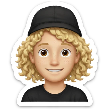 blonde boy with long curly hair past his hears and a LA hat, smiling, wearing a black shirt with freckles sticker