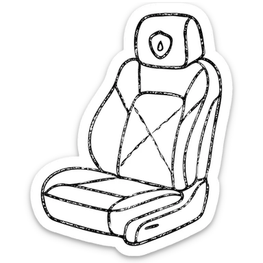 hand-drawn outlined icon of a luxury car seat in matte black with a small droplet or shield on the headrest, elegant stitching, minimalist lines, clean and modern sticker