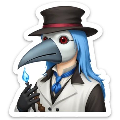 Plague Doctor with light-blue beautiful hair, handsome sexy, long hair tendril bangs down on the sides, white lab coat, blue cravat, black feathers on shoulder, raven companion, black gloves, red eyes sticker