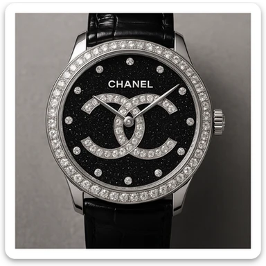 a glamorous watch with the Chanel logo, sparkling details, fashion statement sticker