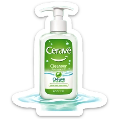 `CeraVe-shaped cleanser white rectangular pump bottle with soft green label CeraVe” stripe. Surrounded by floating water bubbles, glowing light particles, and a gentle green mist. Feels like a calm hydration spell in a bottle. Clean, glossy, emoji-style.`magical
 sticker