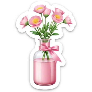 aesthetic bow in Cream Pink , Sugar Pink color glass bottle and in it a beautiful bouquet of Satin Pink Chinese buttercup  sticker