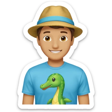 A handsome guy looks bold and brash, wears a t shirt and has a hat sticker