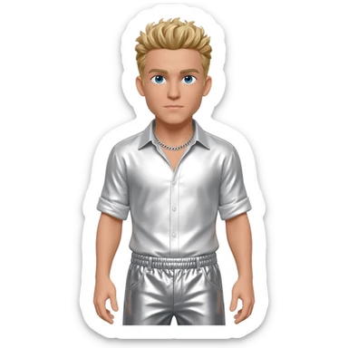 Nick Carter from Backstreet Boys with blue eyes, blonde hair, white metallic shirt, white metallic baggy pants, silver necklace sticker