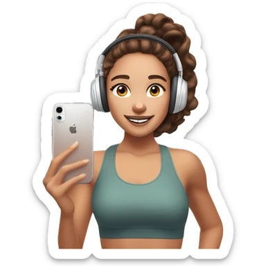 girl with brown hair and brown eyes, fit, in AirPods Max headphones takes a selfie in the mirror of the gym sticker