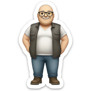 crossed arms full body smiling chubby white man bald head graybeard glasses sticker