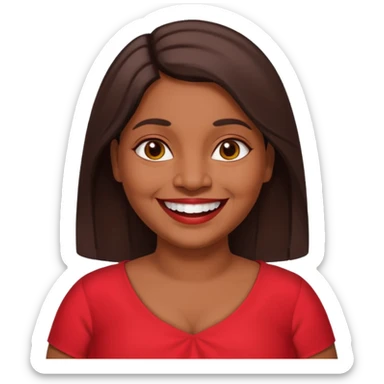 50 yr old chubby Sri Lankan woman, dark skin, straight brown hair, big smile, white teeth, red dress clothes, shoulder length hair, longer hair sticker