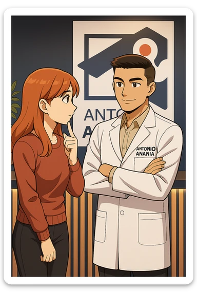 su questo stile fai un manga/webtoon a colori in cui una donna SI TOCCA IL MENTO MENTRE FA UNA DOMANDA ALL'UOMO, l'uomo della foto in stile manga LE SPIEGA CHE DEVE PROVARE LA SUA VALUTAZIONE MEDICA, mantieni un ambiente simile alla foto che ho allegato con il suo logo (sarebbe il suo studio, lui è un kinesiologo), scrivigli "ANTONIO ANANIA" sul camice bianco, non mettere fumetti, ma fai in modo che sembri che la donna CHIEDA E  l'uomo RISPONDA sticker