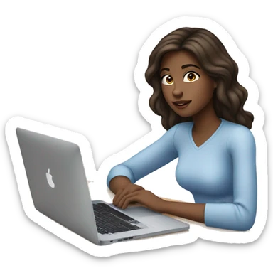 A brunette girl, blue eyes, works on a MacBook sticker