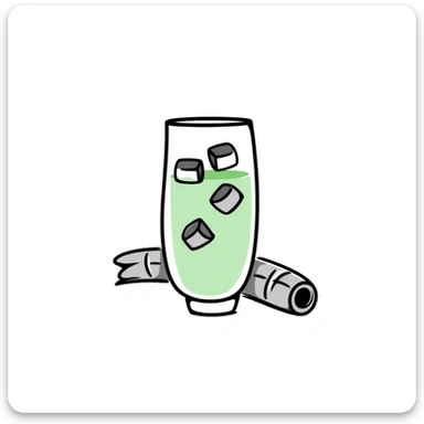 Hand-drawn glass of sugarcane juice with ice cubes, light green liquid, and a piece of sugarcane beside it sticker