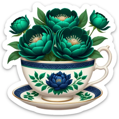 A charming composition of a vintage teacup with an intricate emerald green design, placed beside a bouquet of navy blue peonies. sticker