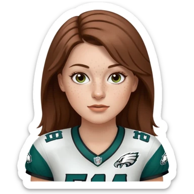 White girl with long  milk chocolate brown hair and freckles wearring a Philadelphia eagles jersey sticker