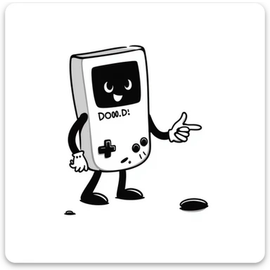 1930s style cartoon gameboy console character, cuphead-style, in black and white, on a plain white background, pointing at something.

 sticker