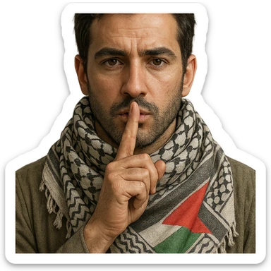 a person making a 'shh' gesture with a finger on their lips, wearing a Palestinian kufiya scarf, with the Palestinian flag subtly incorporated into the design, detailed, realistic, subtle colors sticker