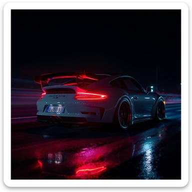 Cinematic still of a porsche 911, gt3 rs night photo, red lights and blue bright night  sticker