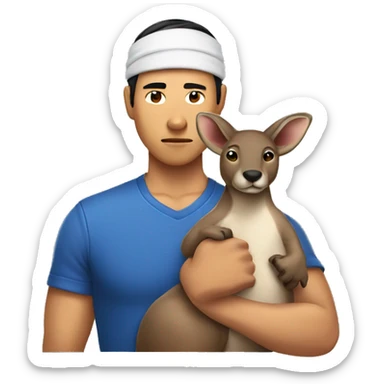 Asian male tough with sweatband holding a kangaroo sticker
