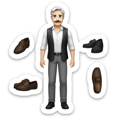 a white man standing  with blue eyes a thick dark brown  moustache, down turned black eyebrows and then dark grey hair he’s wearing an expensive watch and a white shirt and black dressy pants with beige loafers he’s very handsome  sticker