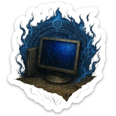 Design the Windows 'My Computer' icon as an Elden Ring incantation with a transparent background. Feature the computer as a relic on a floating parchment, with blue magical flames and runic circles, in a dark fantasy style. 1080 x 1080 format. sticker