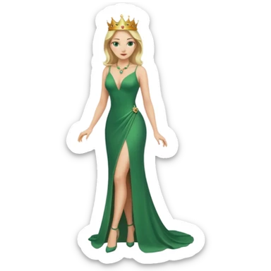 Queen, crown, blonde hair, green eyes, long green tight dress, decoltee,  Leg slit, whole Body, sticker