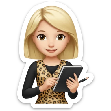 Blond hair girl with a leopard print dress and black leggings smiling holding a note book and a pen sticker