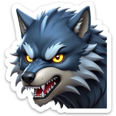 cinematic-noble-fierce-werewolf-head-close-up-emoji, poised-and-imposing, with a fierce wolfish face featuring glowing eyes full of primal ferocity, sharp, elongated fangs and a rugged snout, fur rippling in shades of midnight black and silver, muscles tensed and hunched over in an intense, threatening stance; rendered with realism, capturing the raw, untamed power of the beast beneath the moonlit sky sticker