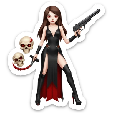 Lilith symbol red eye seductress evil long brown haired sexy succubus woman with leather long dress with slit on, sitting in Big Large F350 pickup truck. Platform high heels in feet. Back seat full of stacks of cash, she is  Holding a human skull of her enemies and a gun in other hand sticker