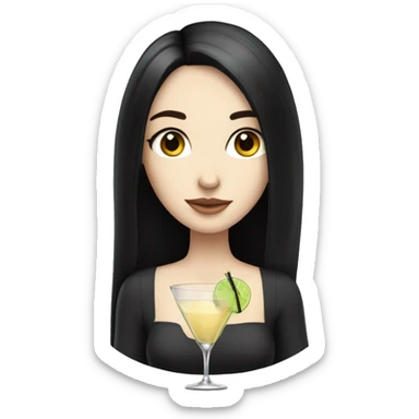 Pale girl with long black hair with chest holding cocktail sticker