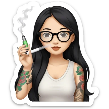 Black hair long hair Asian girl, wearing slippers, glasses, only one arm tattooed, smoking an e-cigarette sticker