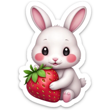 coelhinho fofinho de bochechas rosadas abraçando um morango sticker