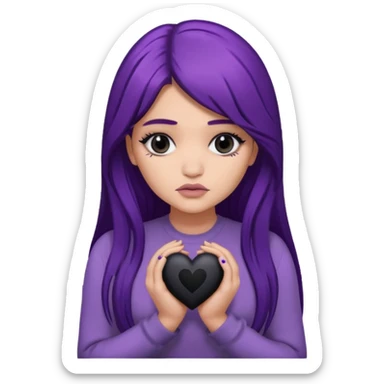 A Kylie Jenner with long purple hair is sad and holds a black heart in her hands sticker