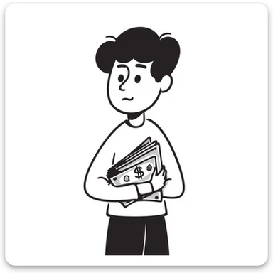 dark brown haired guy with a round face, disappointed expression, holding cash sticker