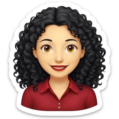 Người phụ nữ 40 tuổi, da vàng, tóc dài xoăn màu đen,mỉm cười nhẹ nhàng, áo đỏ đậm, nửa thân trên sticker
