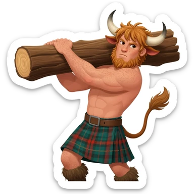 buff curly hairy man with freckles with messy light brown bangs that covers his face with bull horns and bull ears and bull tail dressed in kilt lifting large log with wind in his hair with belt around his chest sticker