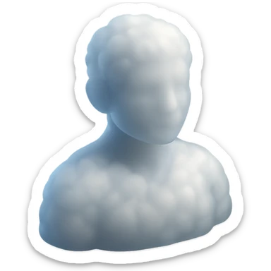 person looking straight, fully made of white fluffy convex clouds, shoulders up, no shadows, matte glass style sticker