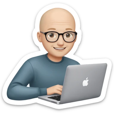 bald young programmer with MacBook without wrinkle on head sticker