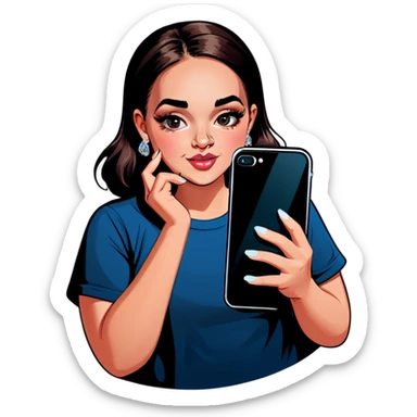 A shy slightly overweight beautiful girl with a diamond nose piercing holds her black iPhone  sticker