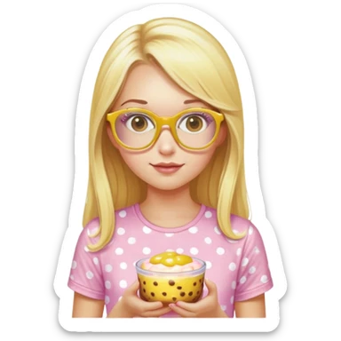 a girl with long lashes, long blonde hair, light pink glasses, wearing yellow polka dot t-shirt, holding a pudding sticker