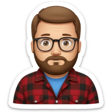 Fat white guy with glasses and short brown hair and beard wearing a cartoon flannel  sticker
